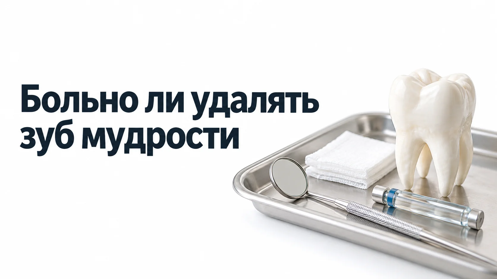 Стоматологический лоток с зеркалом, стерильными салфетками, карпулой анестетика и моделью зуба мудрости