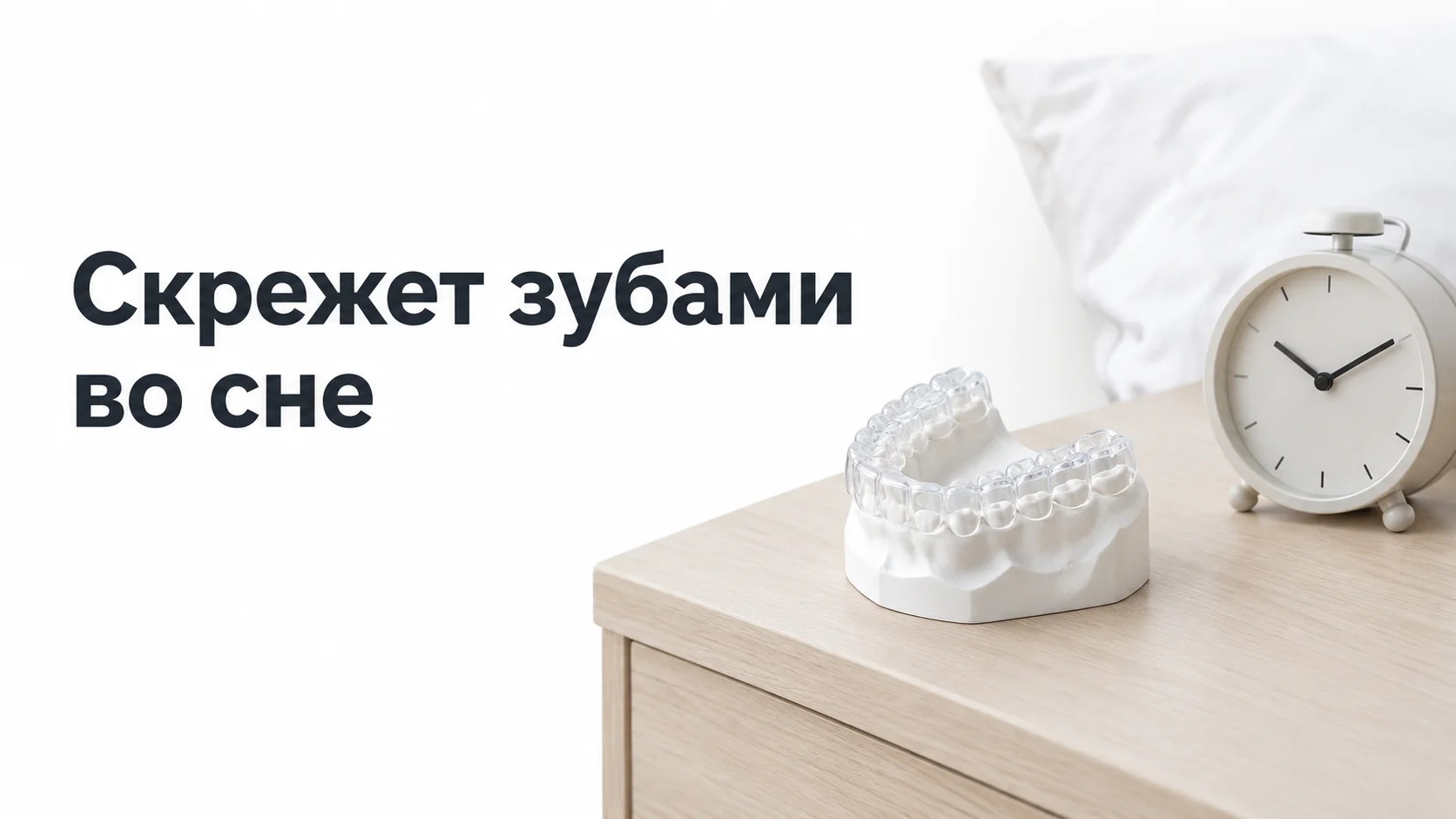 Прозрачная ночная капа на гипсовой модели челюсти рядом с подушкой и будильником на прикроватной тумбе