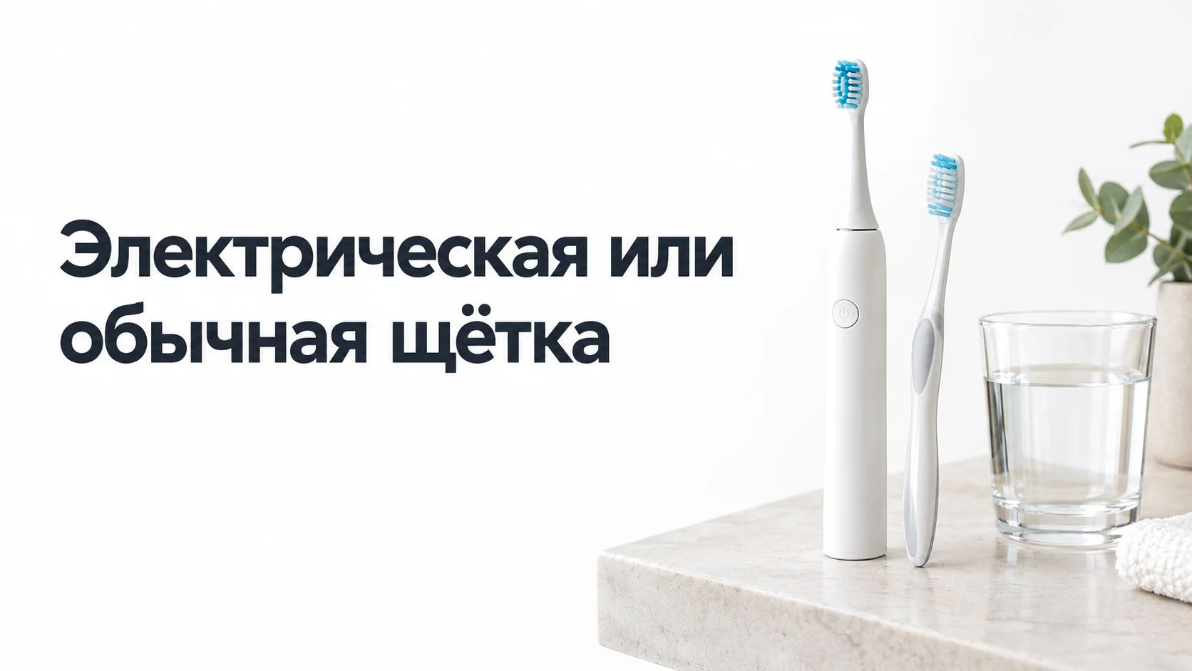 Электрическая и обычная зубные щётки рядом на светлой полке в ванной, рядом стакан воды