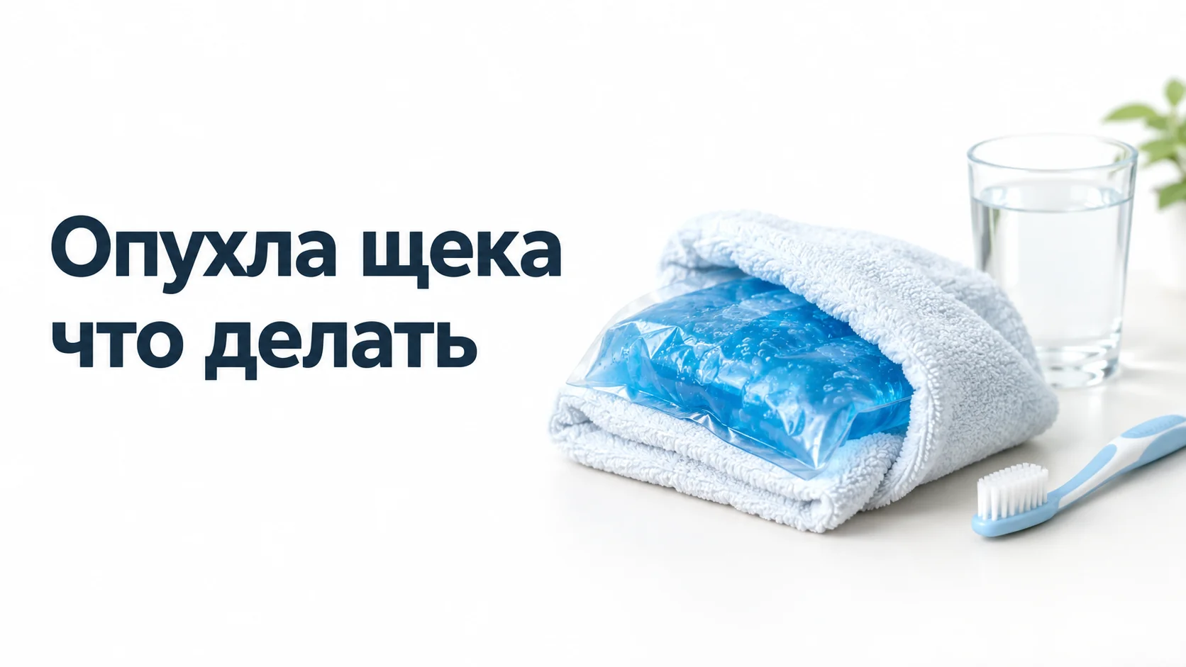 Холодный гелевый компресс, завёрнутый в полотенце, стакан воды и мягкая зубная щётка на светлом столе
