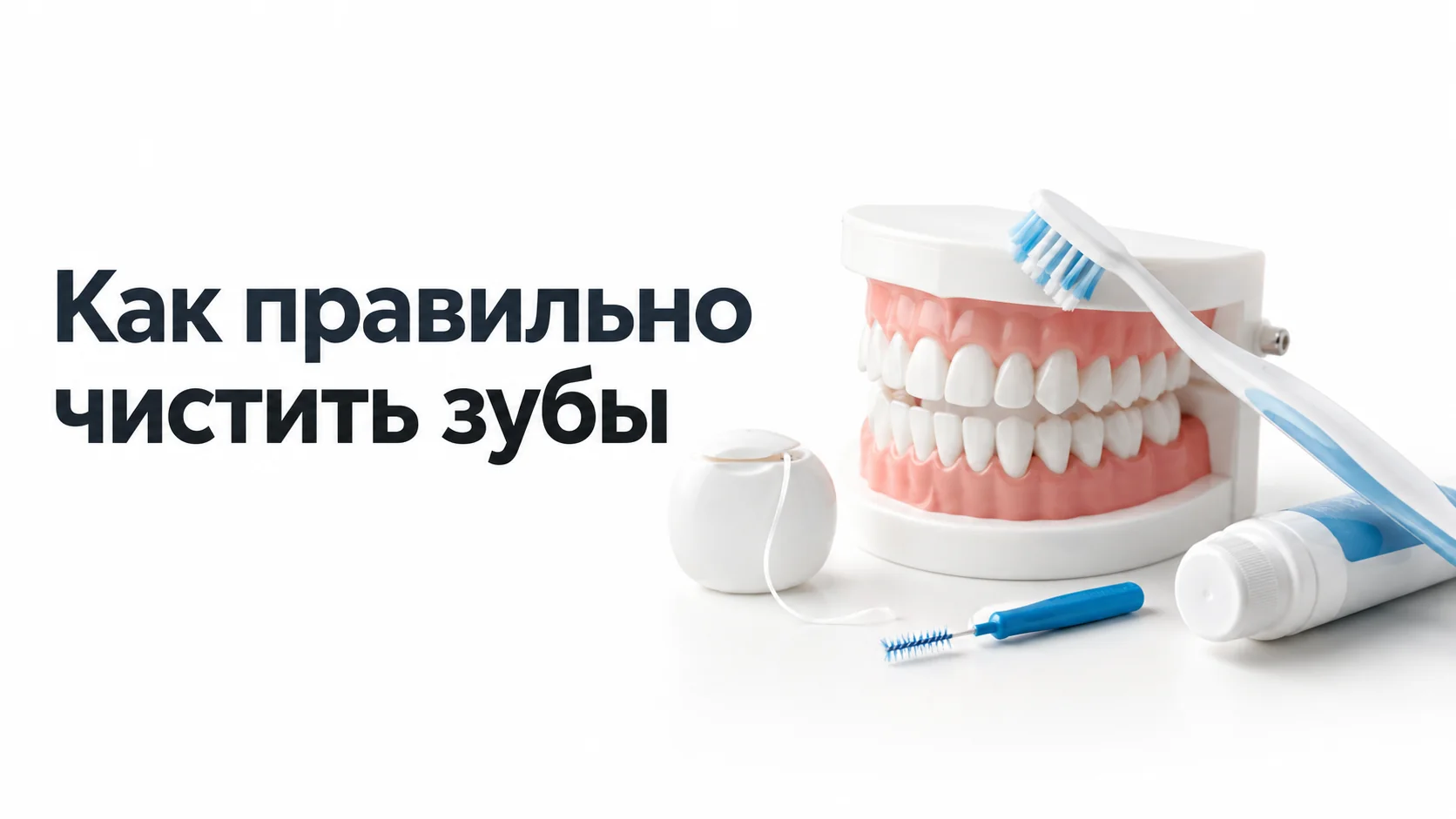 Модель челюстей с мягкой зубной щёткой, рядом зубная нить, межзубный ёршик и тюбик пасты