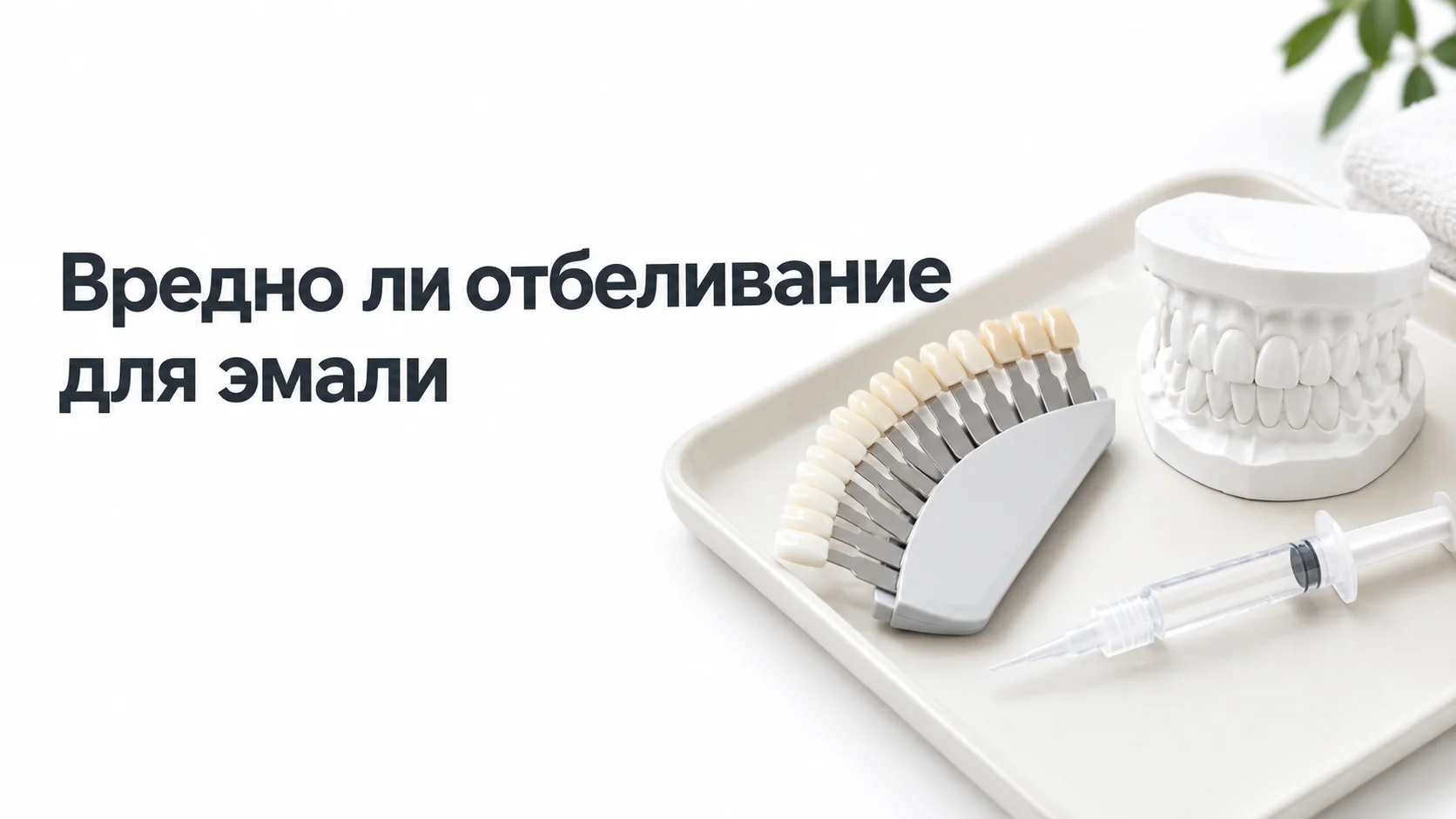 Шкала оттенков зубов, гипсовая модель челюстей и шприц с гелем на светлом лотке