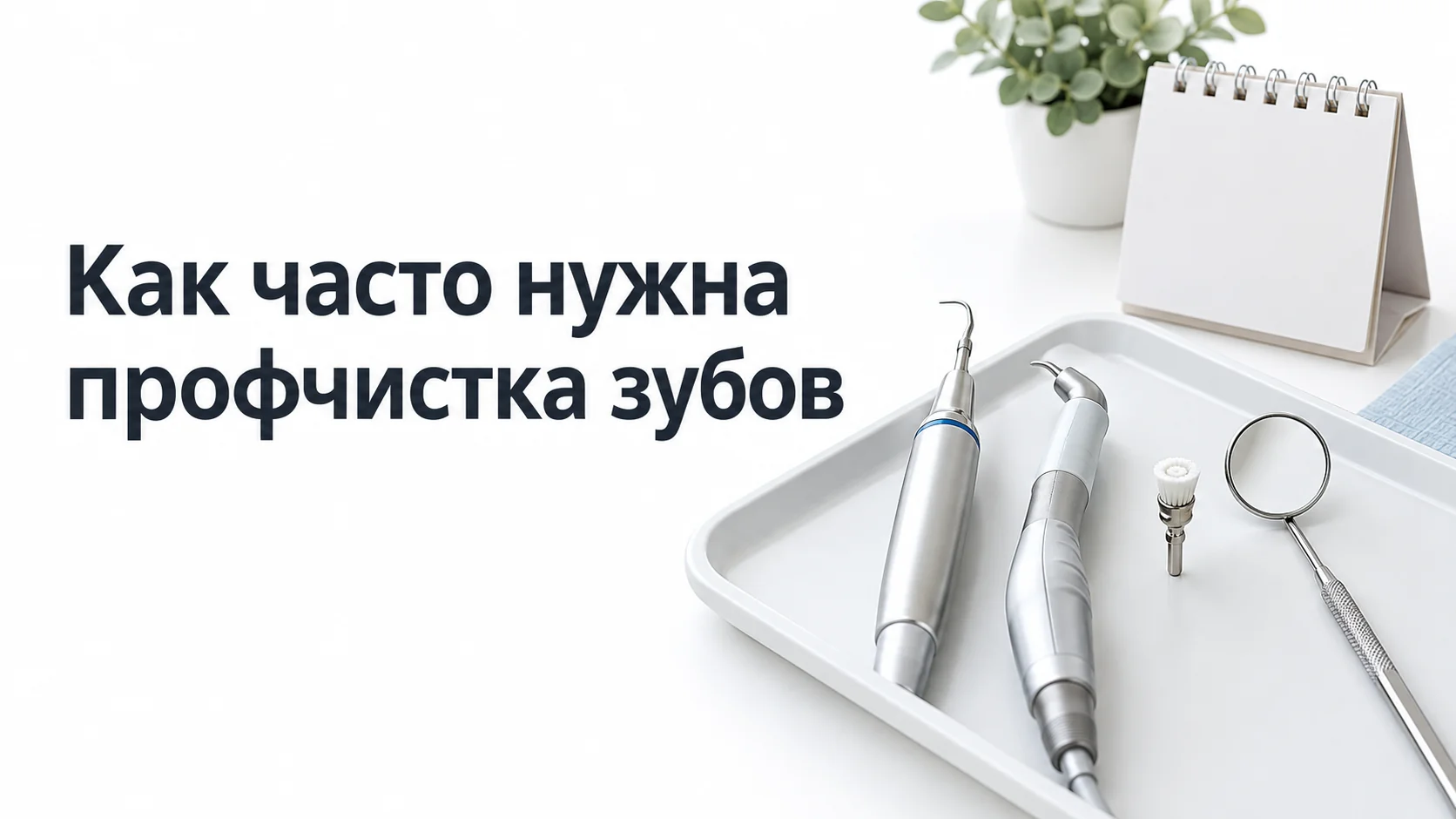 Ультразвуковой и воздушно-абразивный наконечники, полировочная щёточка и зеркало на лотке, рядом настольный календарь
