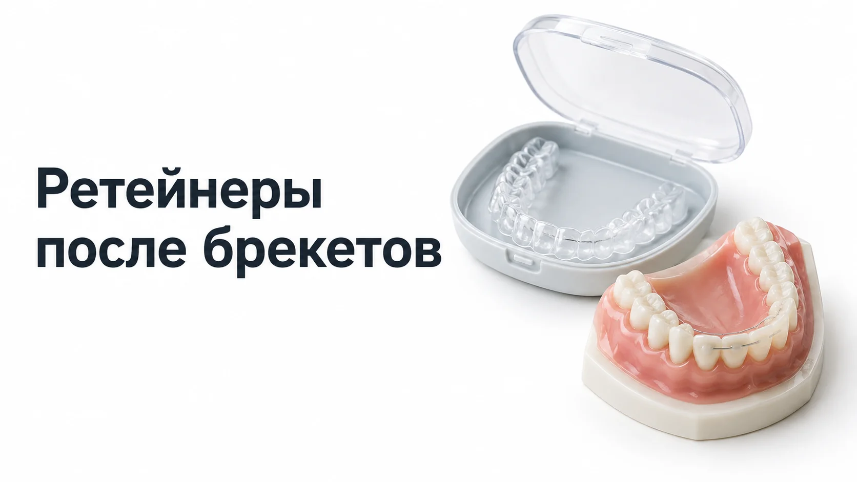 Прозрачная ретенционная капа в открытом футляре и модель нижних зубов с тонкой проволокой ретейнера с внутренней стороны