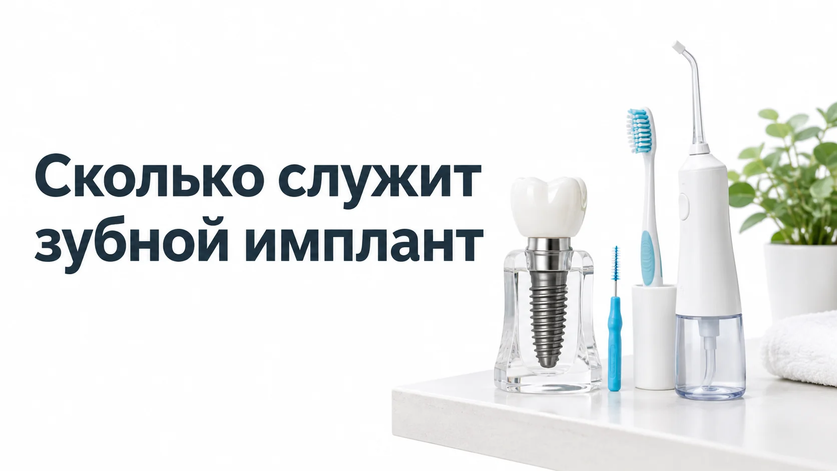 Модель импланта с абатментом и керамической коронкой рядом с зубной щёткой, ёршиком и ирригатором на полке в ванной